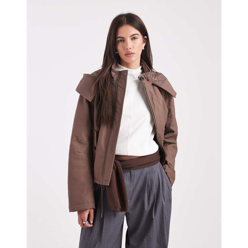ASOS DESIGN cropped parka with hood in brown