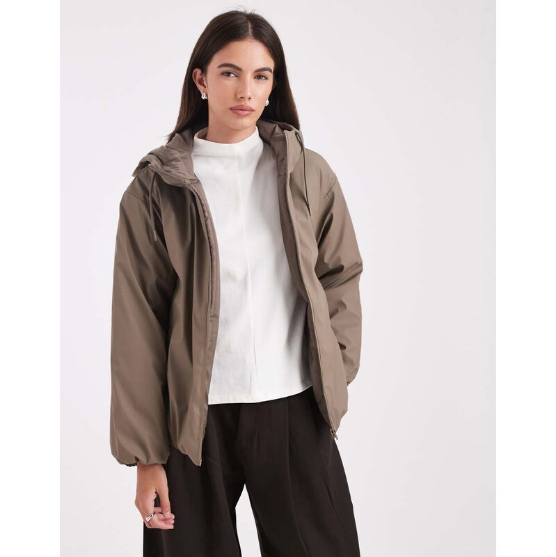 ASOS DESIGN rubberised hooded rainwear bomber jacket in mushroom-Brown 115517212