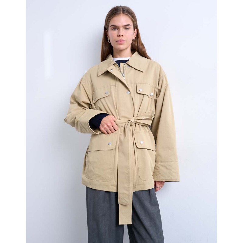 Topshop 4 pocket cotton shacket with quilted lining in beige-Neutral 112203084