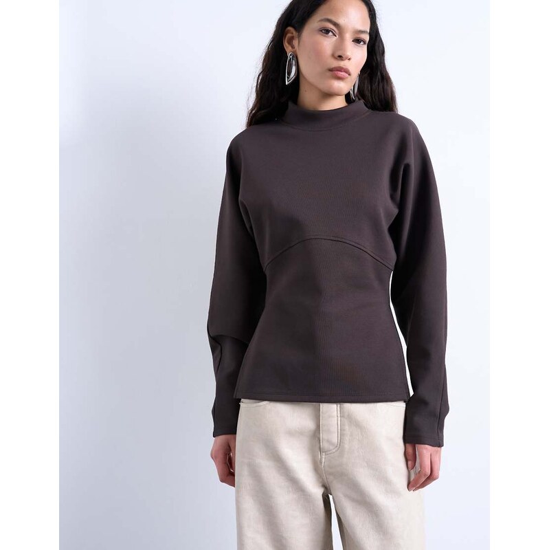 Topshop interlock cinch waist long sleeve funnel neck top in chocolate 112191897