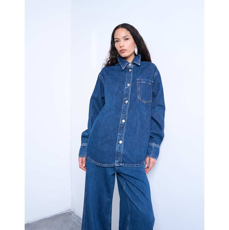 Topshop denim shacket in rich indigo-Blue
