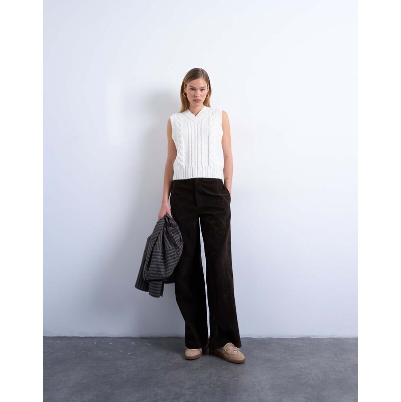 Topshop knitted cable v neck vest in ivory-White