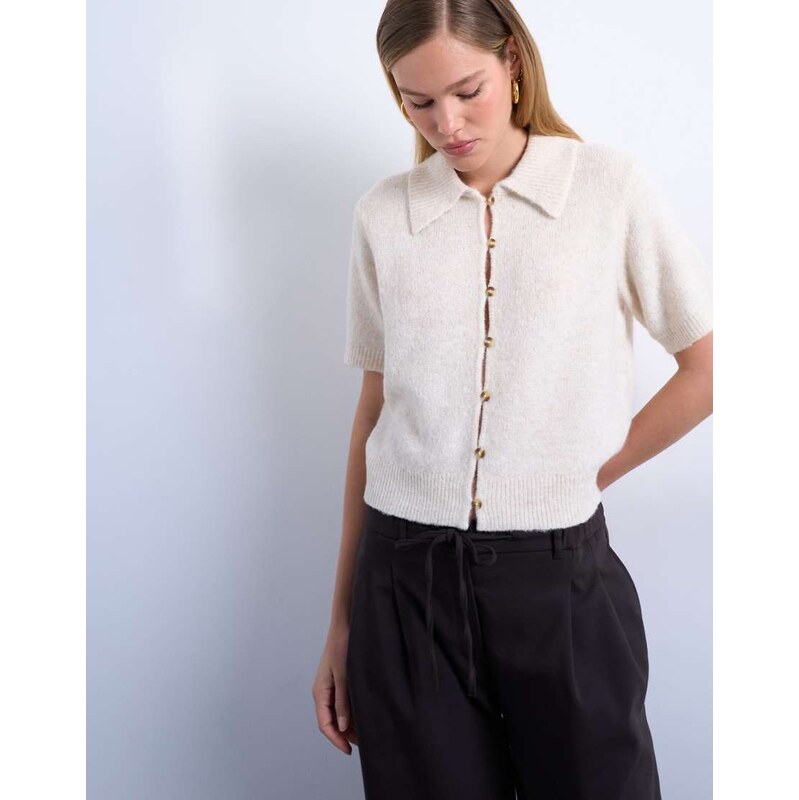 Topshop Knitted half sleeve collared cardigan in ivory-White
