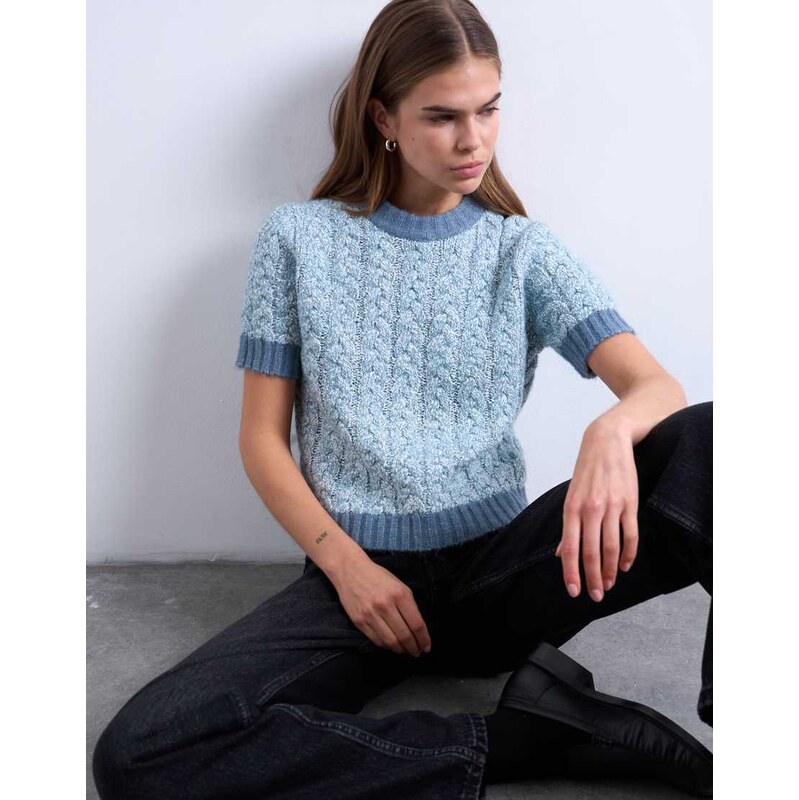 Topshop knitted cable detail short sleeve top in light blue 112185008