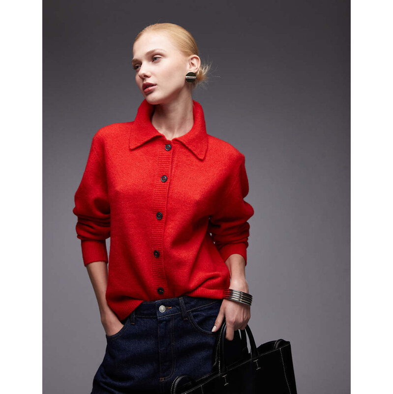 ASOS DESIGN knitted collared cardigan in red