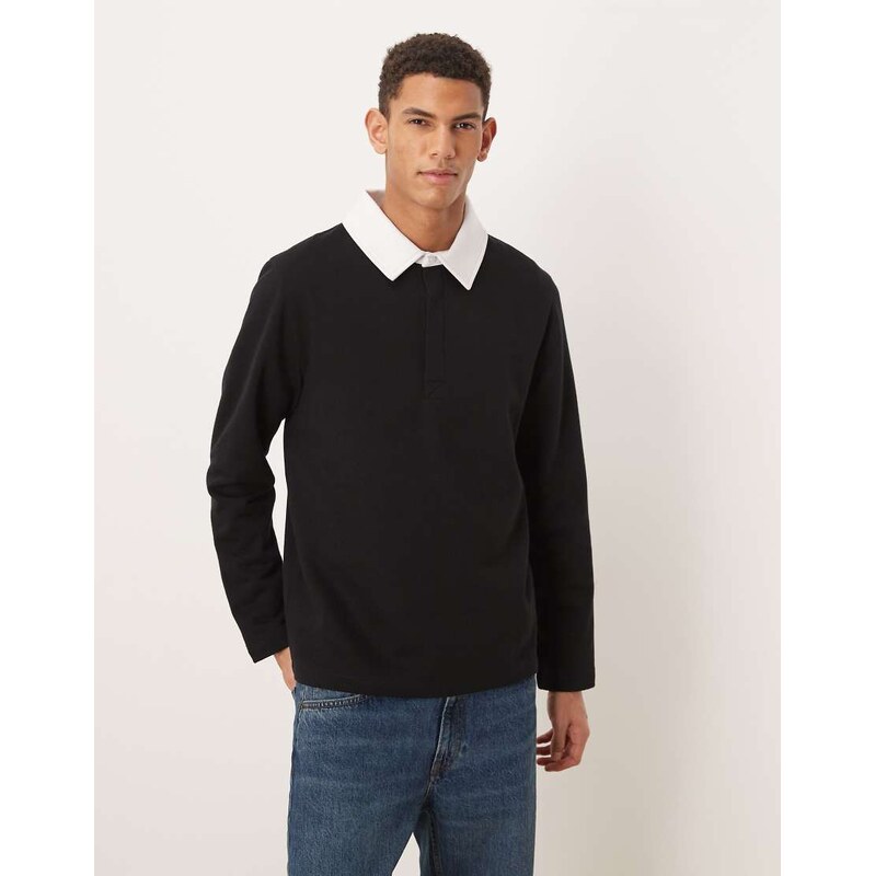 ASOS DESIGN polo sweatshirt with contrast collar in black