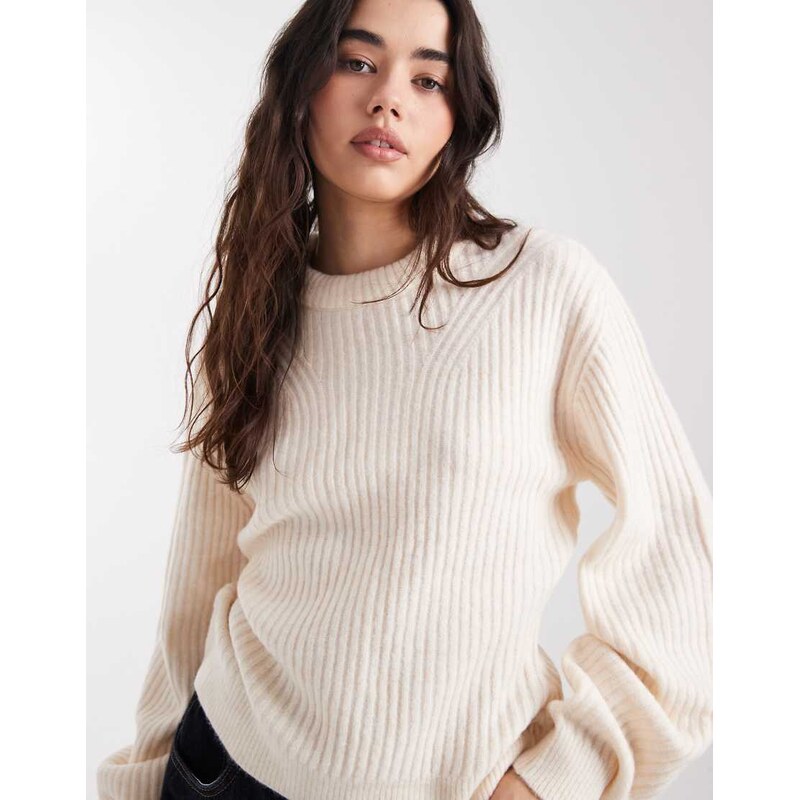 ASOS DESIGN crew neck rib detail jumper in cream-White