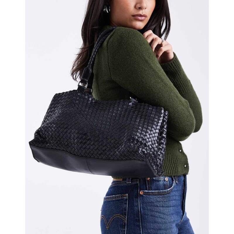 ASOS DESIGN leather weave tote bag in black 112185038