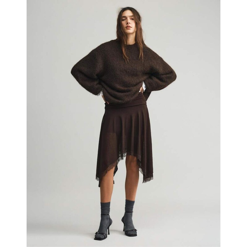 Pull&Bear Asymmetric lace midi skirt in brown 112185071