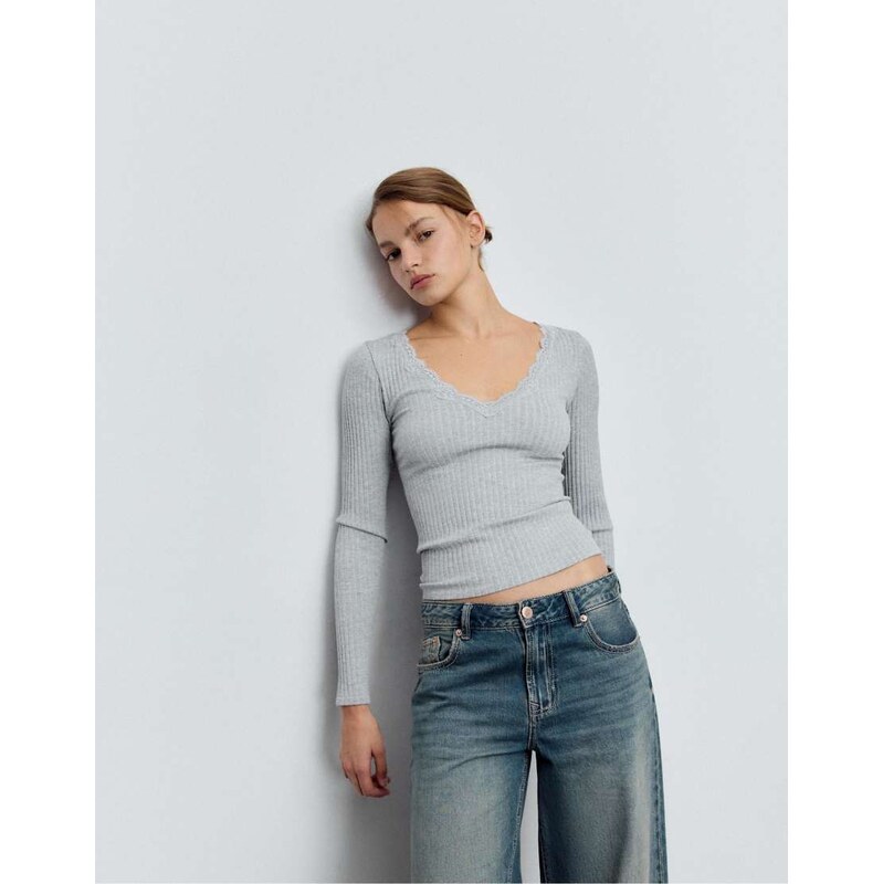 Stradivarius Seamless lace top in grey melange 112185080