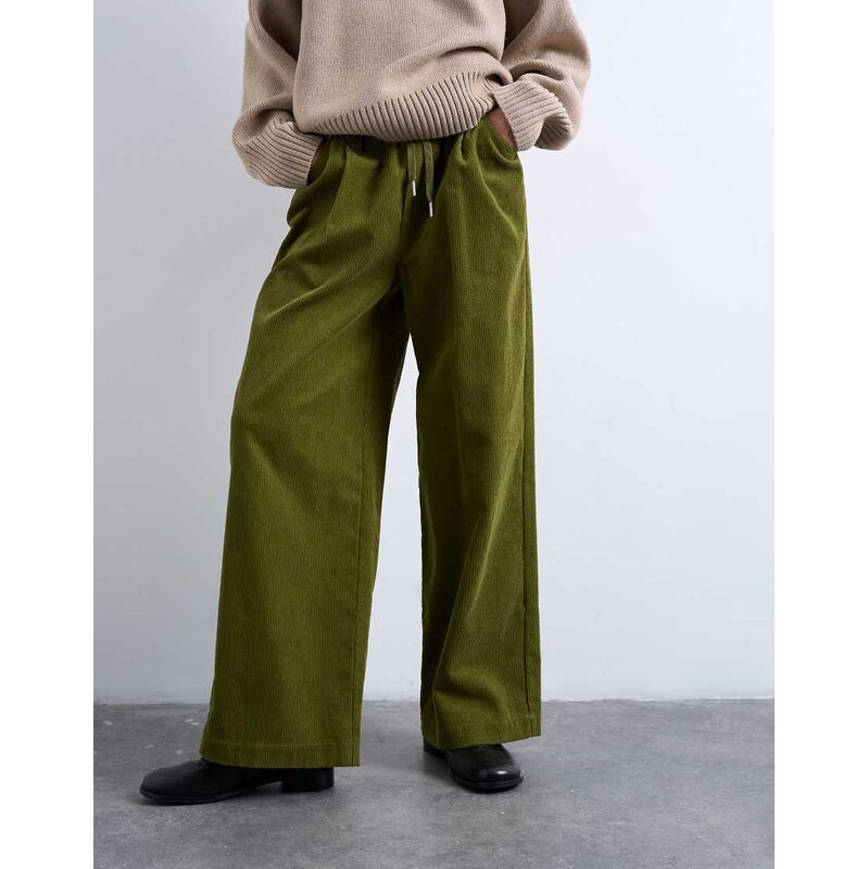 Topshop cord wide leg trouser with drawcord in green