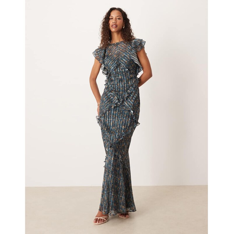 ASOS DESIGN maxi dress with frill body detail in blue ditsy