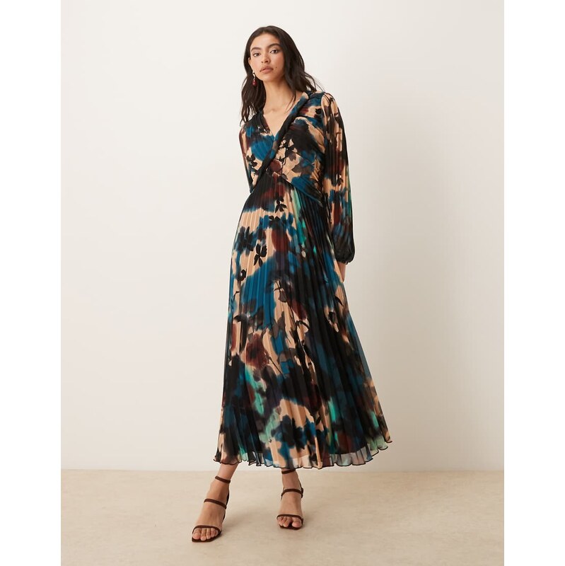 ASOS DESIGN twist detail wrap front pleated midi dress in blue