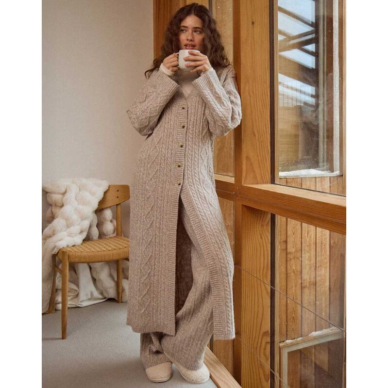 4th & Reckless contains wool cable knit maxi cardigan in taupe-Brown 112185251