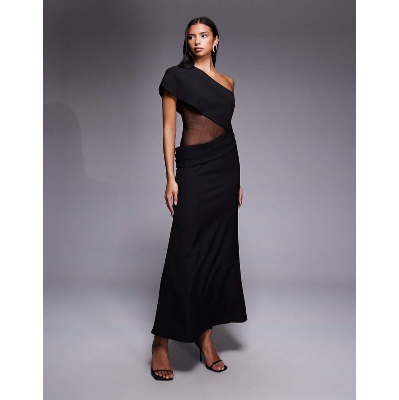 Jarlo Darcy one shoulder mesh panelled sash waist maxi dress in black 112190831