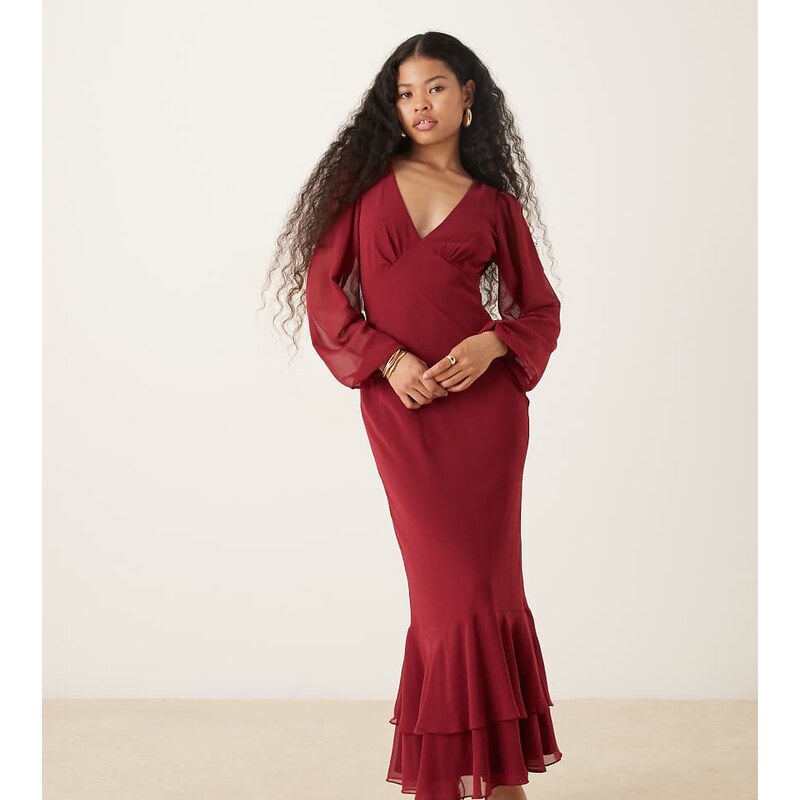 Lace & Beads Petite long sleeve ruffle hem maxi dress in