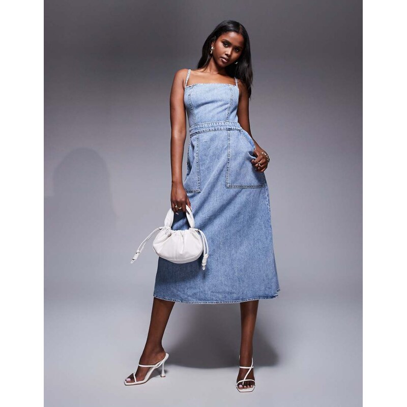 Good American fit for success lite linen midi dress in mid blue-Navy 106603570