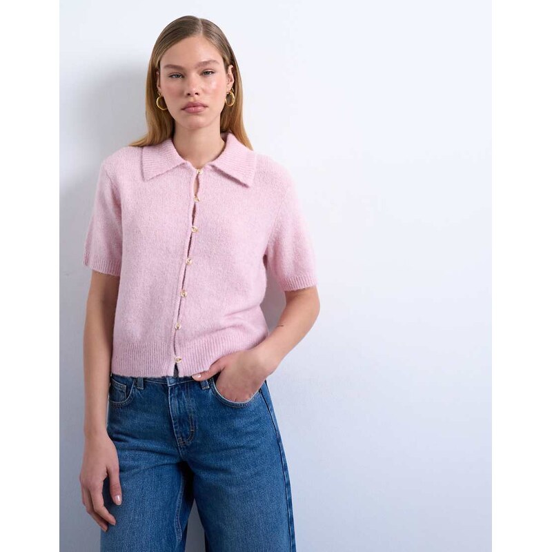 Topshop Knitted half sleeve collared cardigan in light pink 115514205