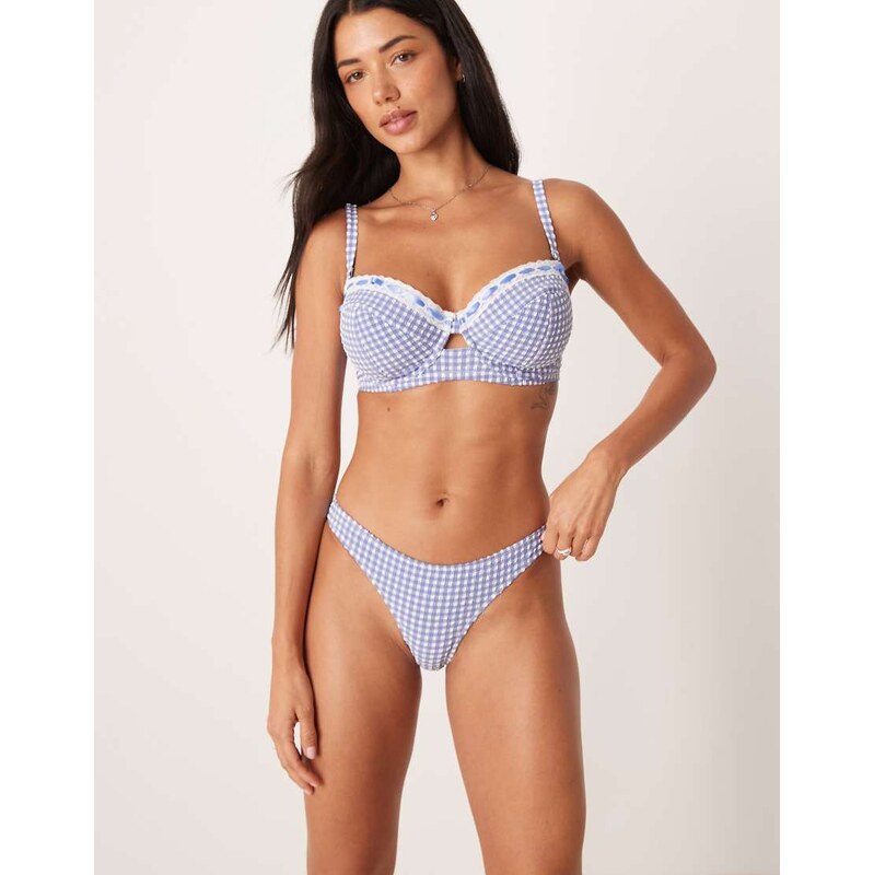 Peek & Beau gingham print high leg bikini bottom in blue