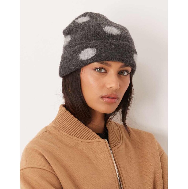 ASOS DESIGN brushed knit beanie in greyscale polka dot