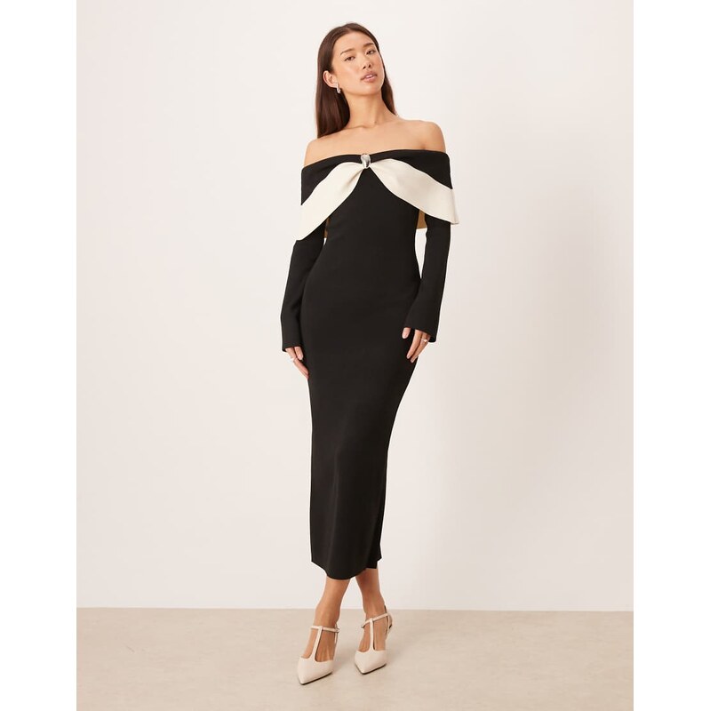 Pretty Lavish ribbed knit bardot contrast bow shoulder midaxi