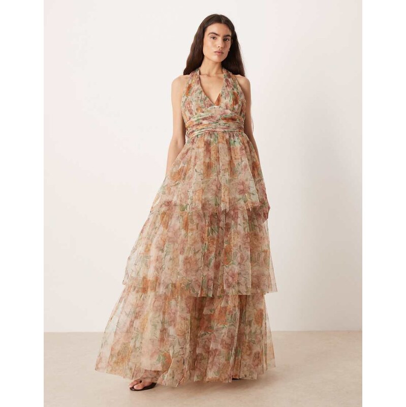 Lace & Beads tulle halter neck tiered maxi dress in cream floral