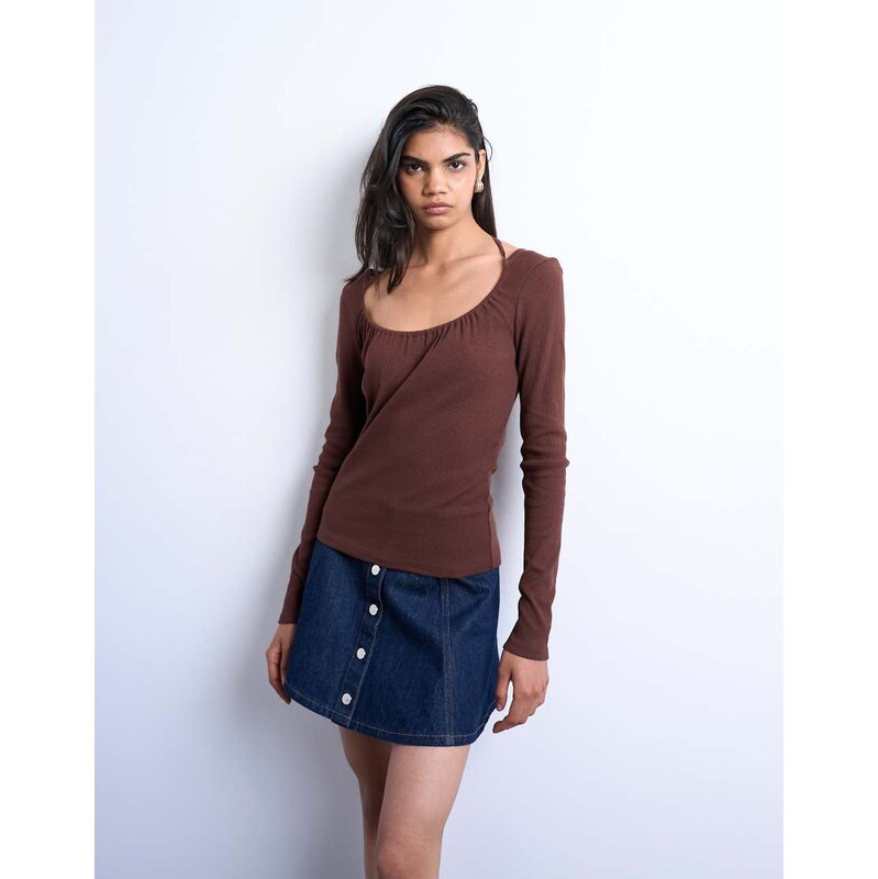Topshop rib scoop tie neck long sleeve top in chocolate brown