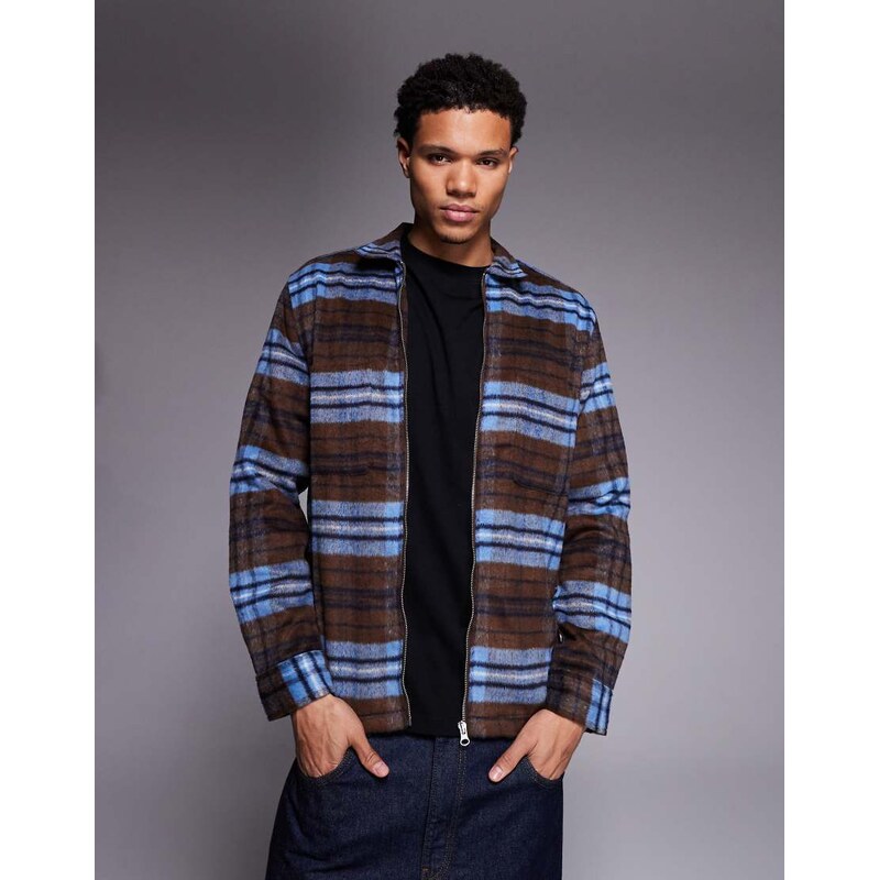 ASOS DESIGN zip through overshirt in brown check