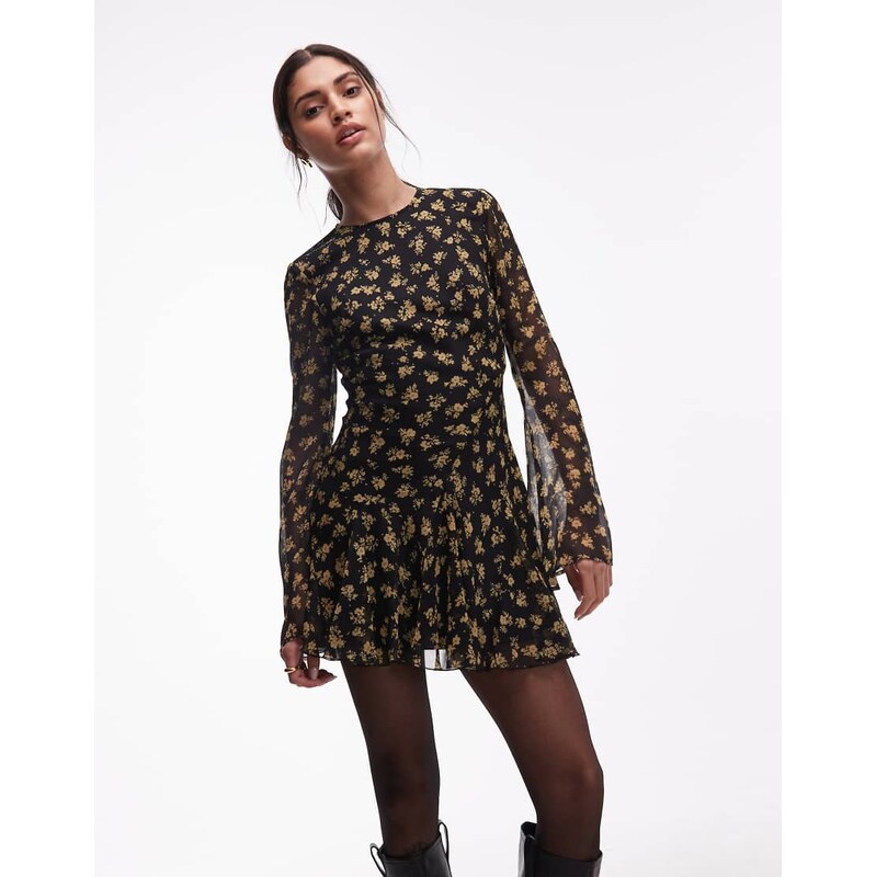 ASOS DESIGN long sleeve mini dress with ruffle skirt in ditsy