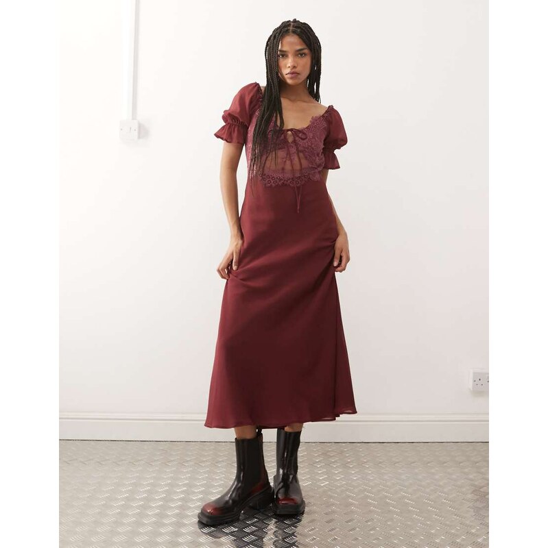 Reclaimed Vintage midi tea dress with lace inserts in plum red 112312654