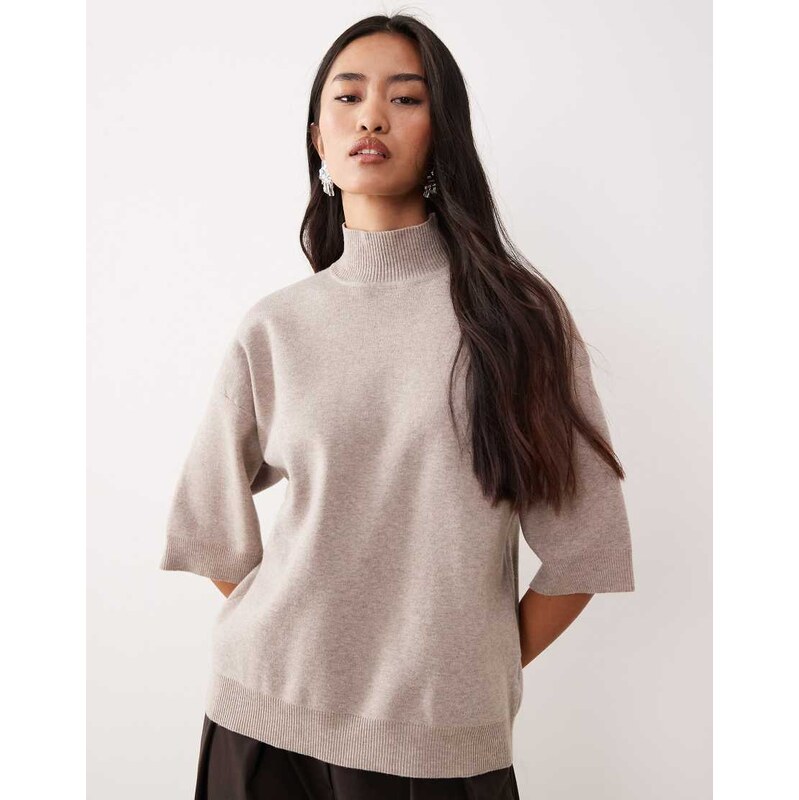 Pretty Lavish knitted roll neck cropped sleeve jumper in beige-Neutral 112190193
