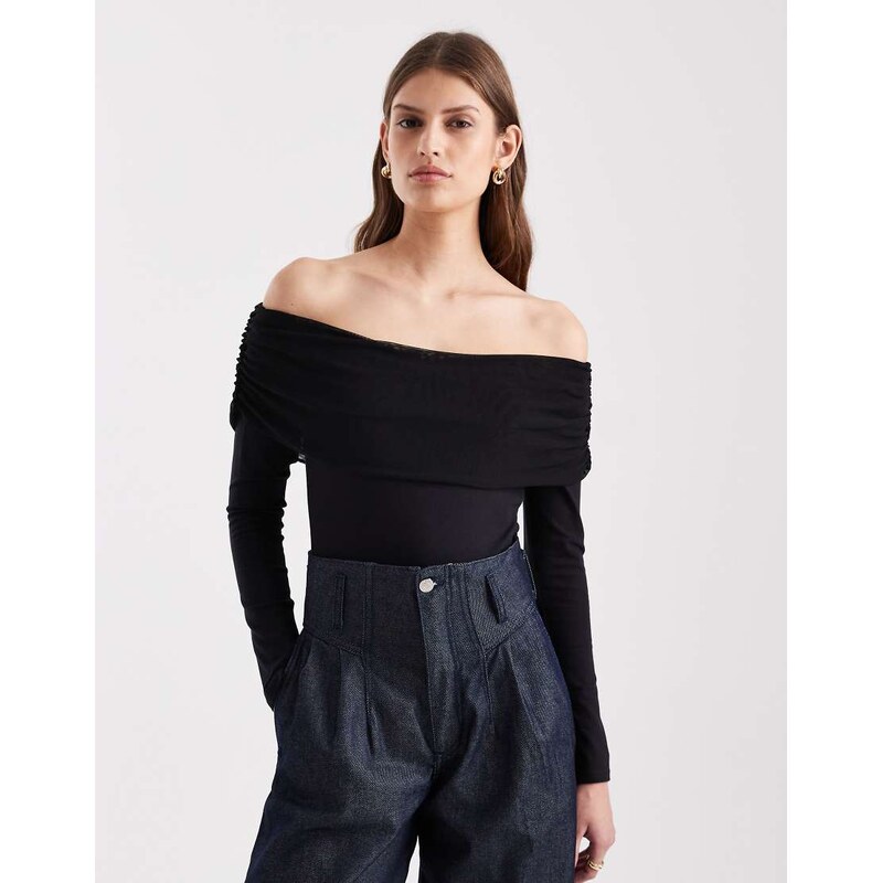 ASOS DESIGN mesh bardot long sleeve bodysuit with cotton body in