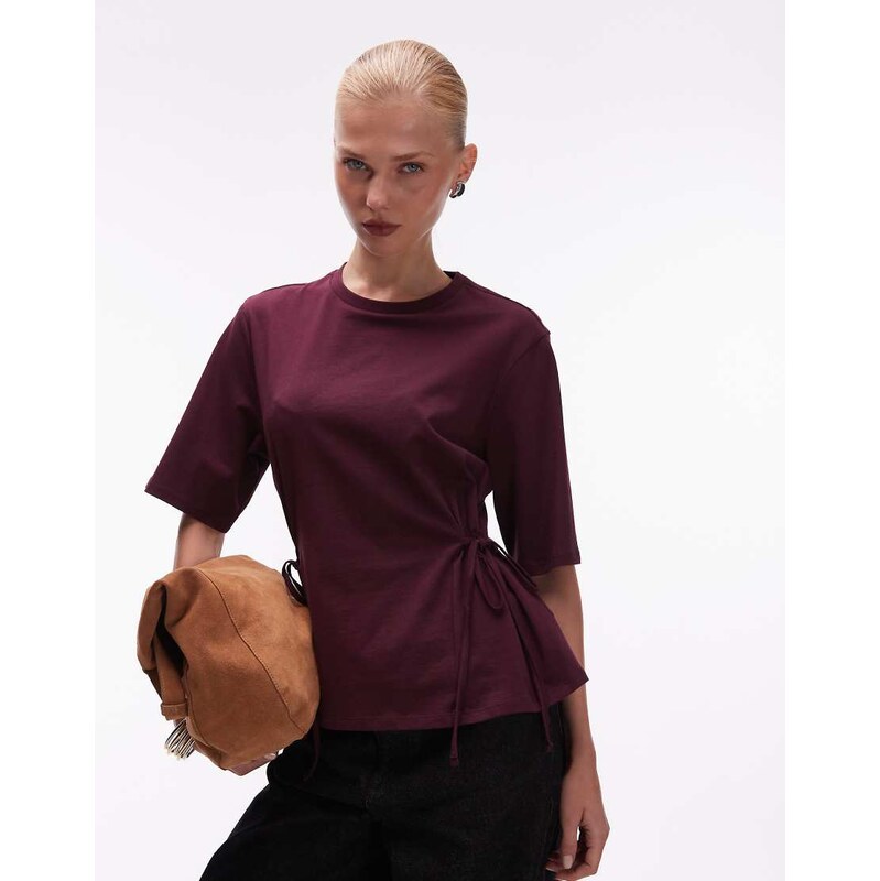 ASOS DESIGN tie waisted detail short sleeve top in plum-Purple