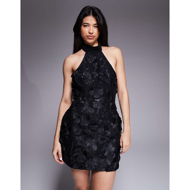 Jarlo Carmen 3D floral lace halter neck mini dress in black - BLACK 112190409