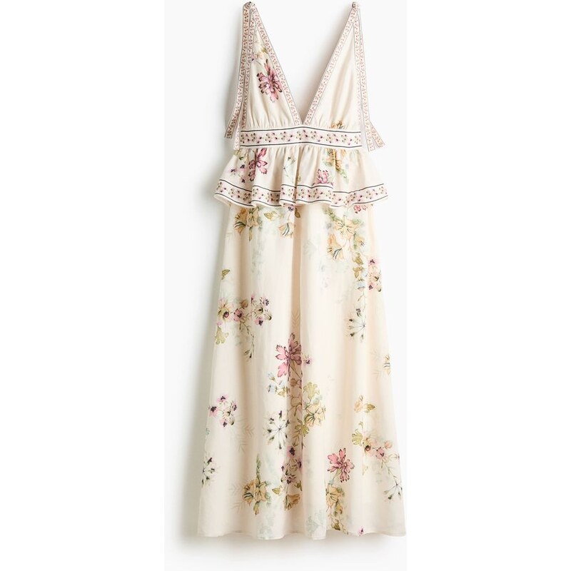 H&M - Šaty z lněné směsis vázacími ramínky - Světle Béžová/Květy