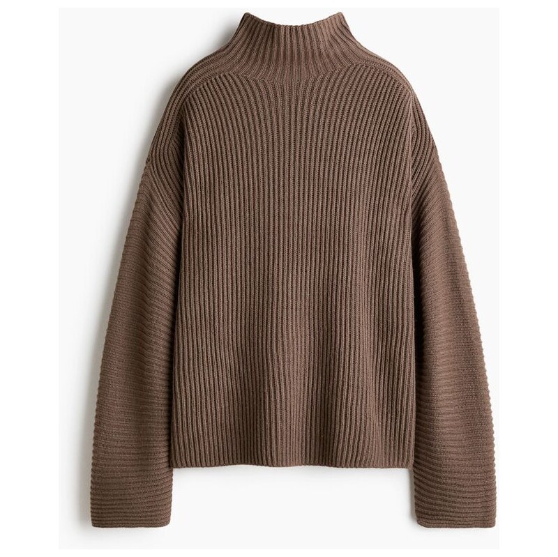 H&M - Svetr z žebrovaně pletené vlněné směsi - Tmavá Hnědošedá