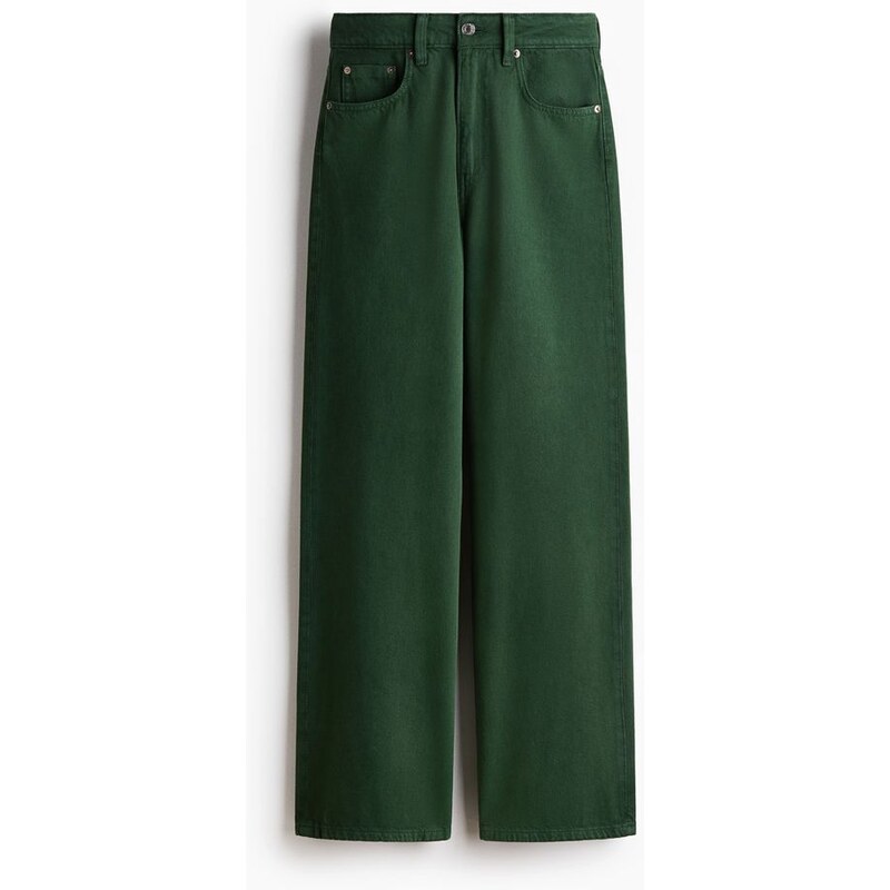 H&M - Wide High Jeans - Tmavě Zelená