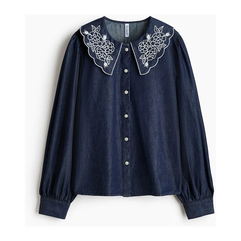 H&M - Džínová halenkas vyšívaným límcem - Tmavý Denim Blue