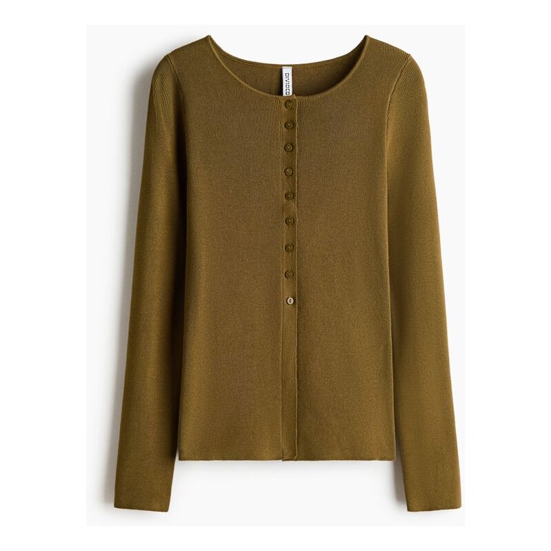 H&M - Propínací svetr z žebrovaného úpletu - Tmavě Zelená Khaki