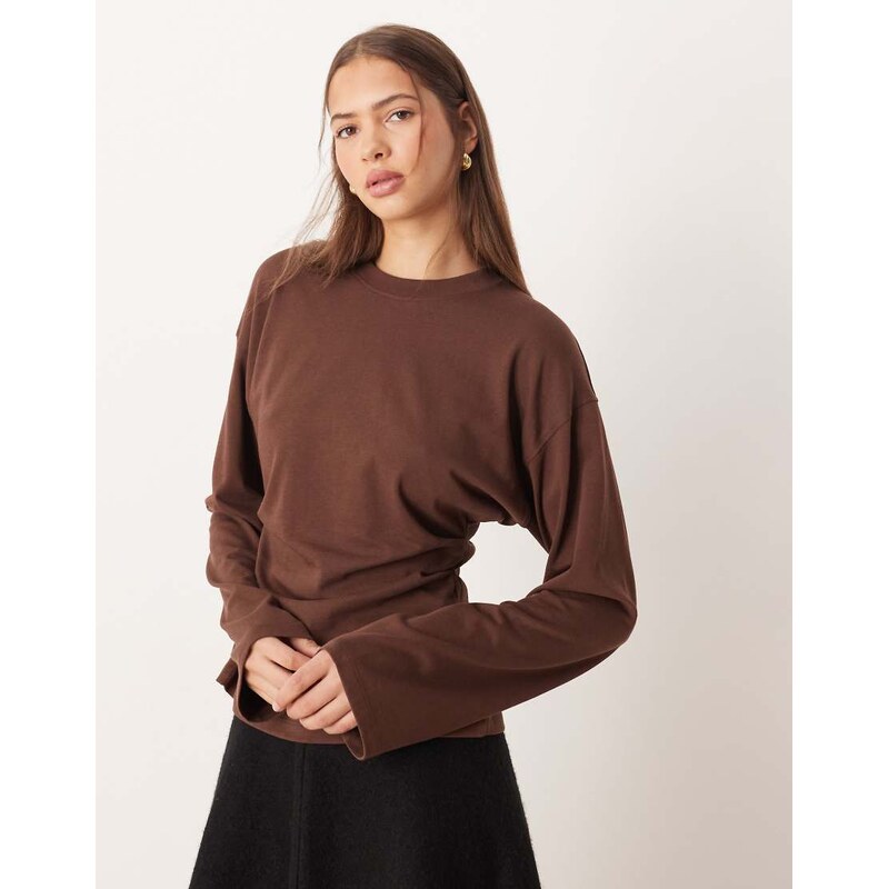 ASOS DESIGN long sleeve corset waist tee in chocolate-Brown
