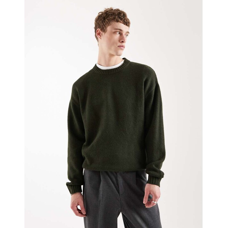 Jack & Jones oversized fluffy crew neck jumper in khaki-Green