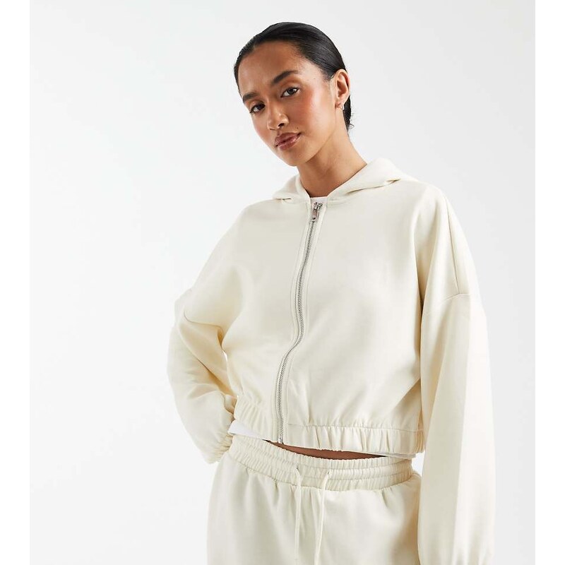 ONLY Petite soft touch cropped hoodie co-ord in cream-White