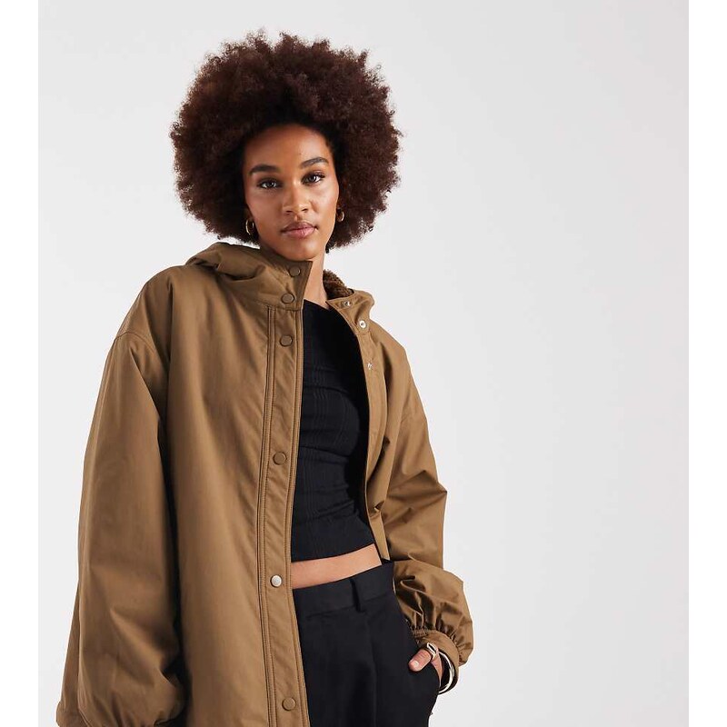 ASOS Tall ASOS DESIGN Tall oversized fleece lined rain coat in olive 112286488