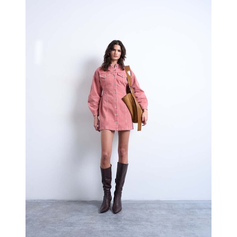 Topshop denim high neck button through shirt dress in pink