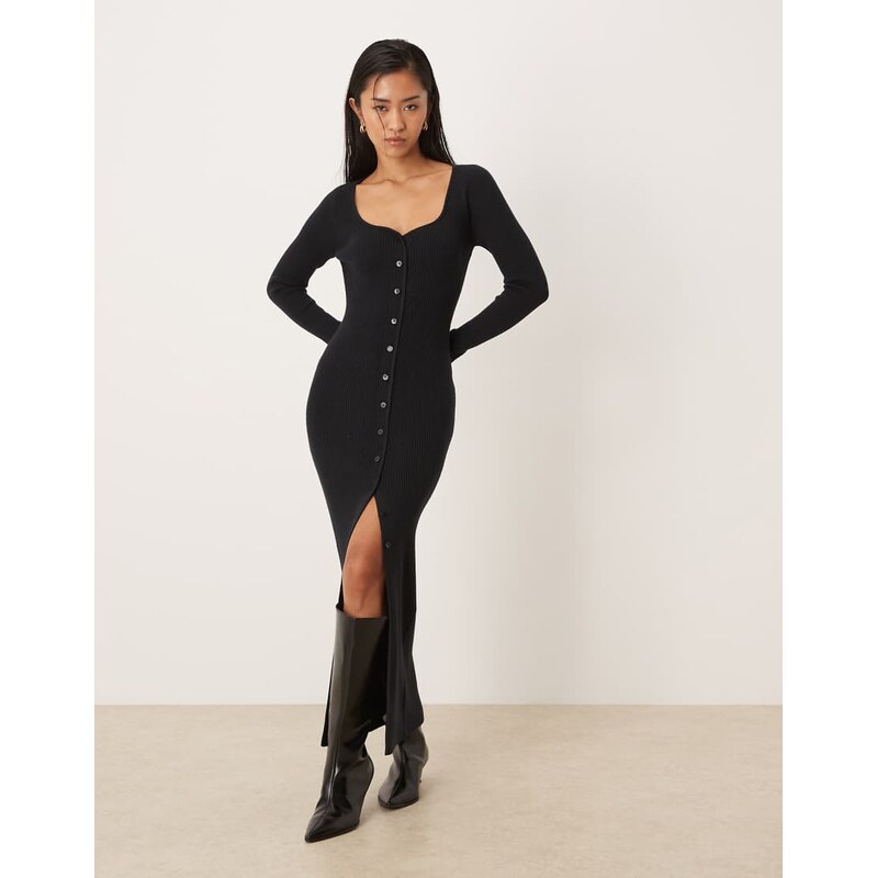 Abercrombie & Fitch long sleeve v neck fitted maxi dress in black 112192087