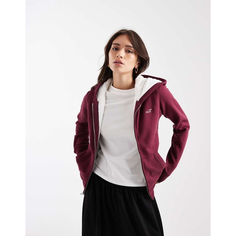 Hollister full zip faux fur lining hoodie in burgundy-Red