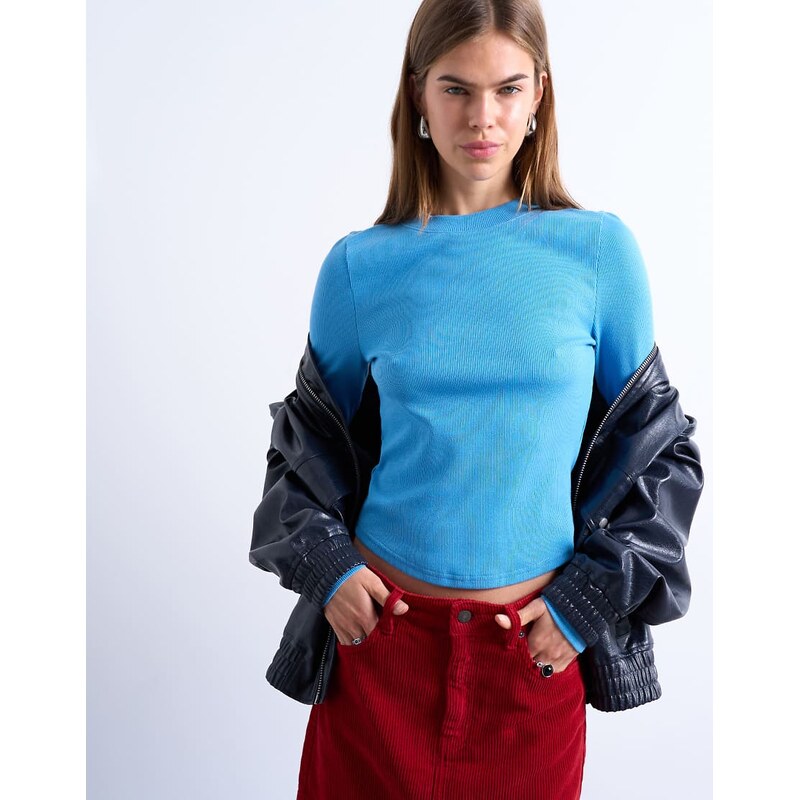 Topshop rib long sleeve curved hem top in blue
