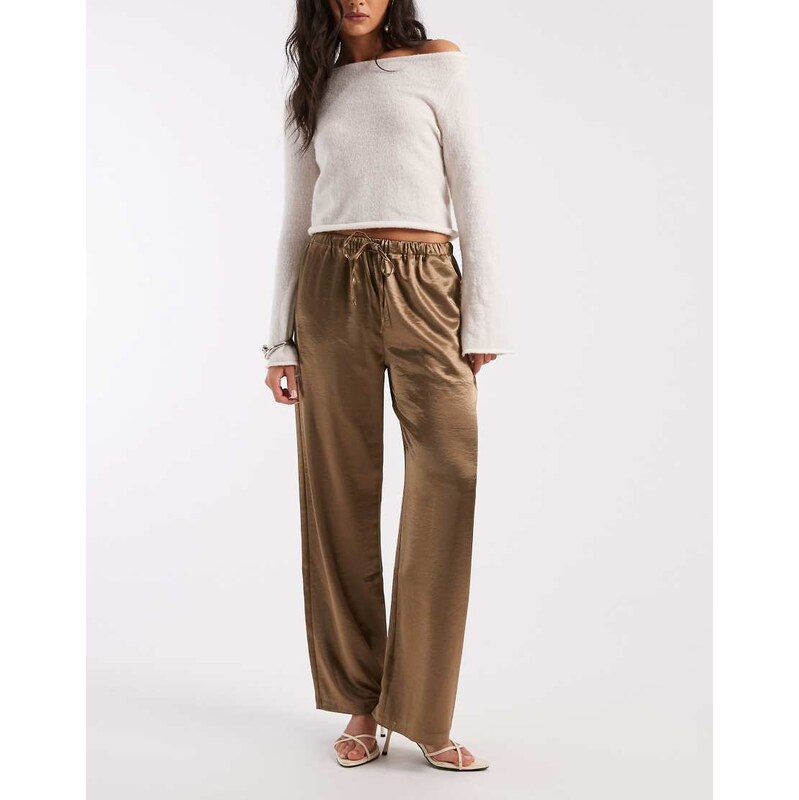 4th & Reckless satin straight leg tie waist trousers in khaki