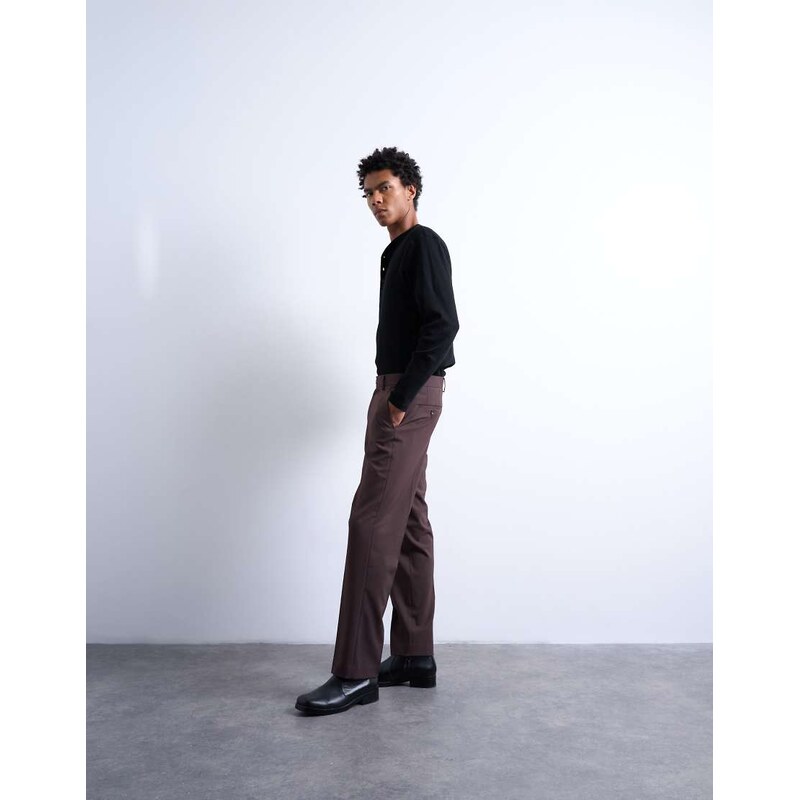 Topman straight wool touch trousers in chocolate-Brown
