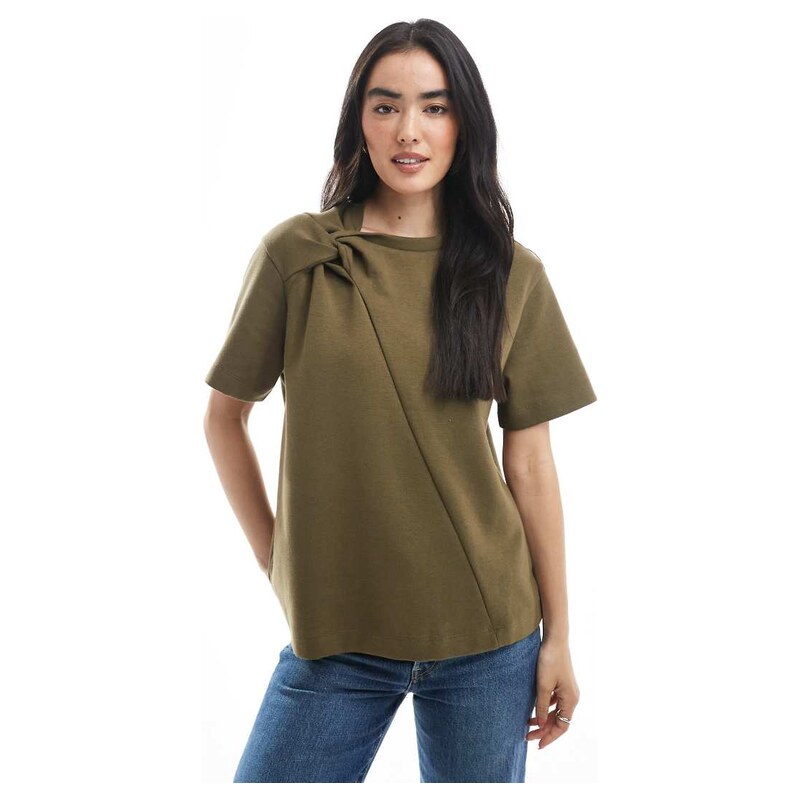 ASOS DESIGN twist shoulder t-shirt in khaki-Green